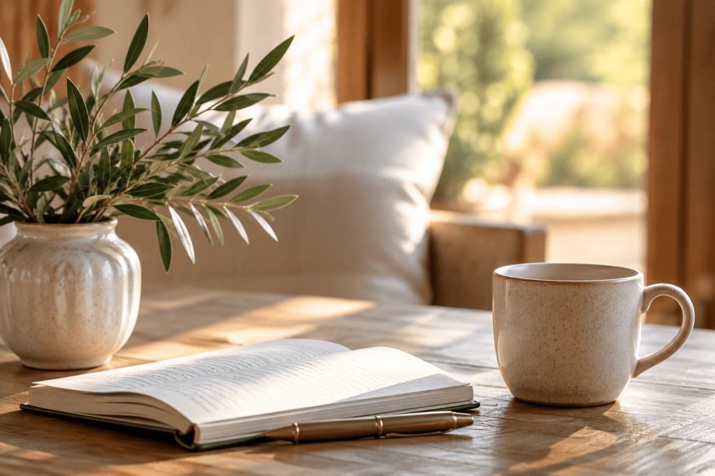 Open journal and coffee mug beside a comfortable window seat